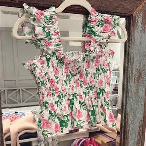 Hill House Pink and Green Floral Smocked Paz Top - size S